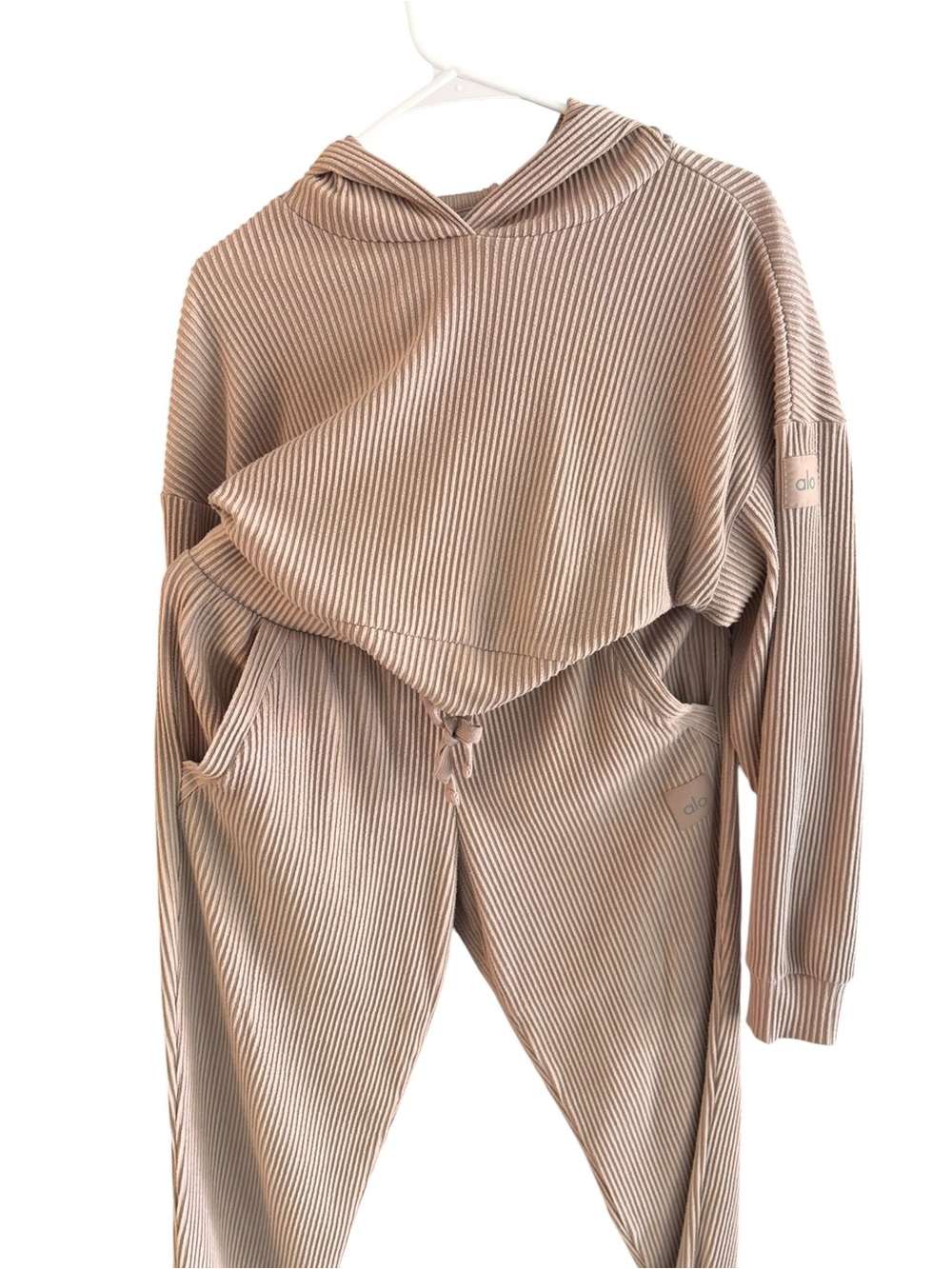 ALO Yoga Women’s Ribbed Hoodie & Jogger Set in Taupe